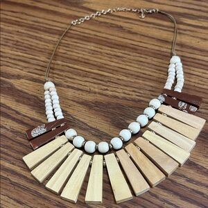 Natural Wood and Cream Bead Statement Necklace with 4 brown stones & gold beads